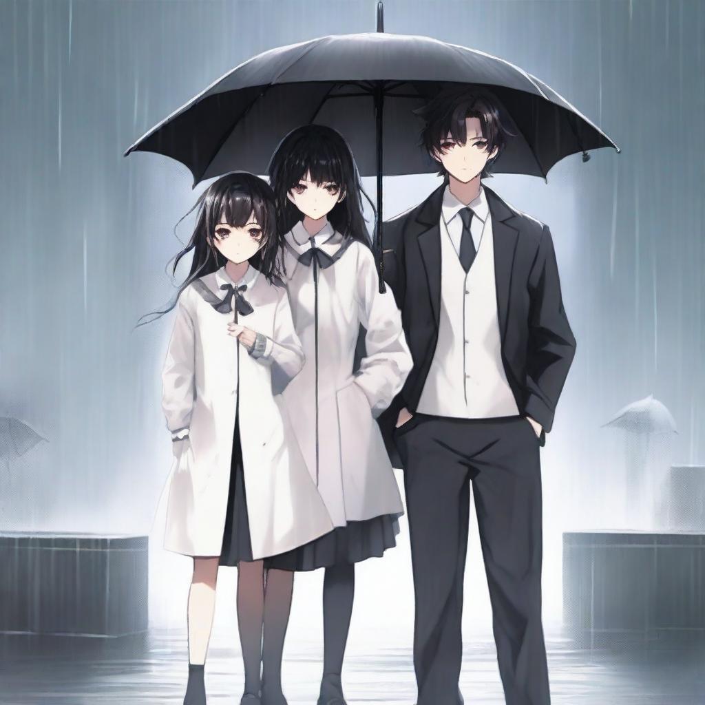 Three people standing with full body appearance in the rain: a woman and two boys