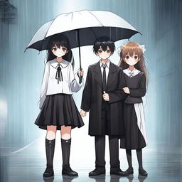 Three people standing with full body appearance in the rain: a woman and two boys