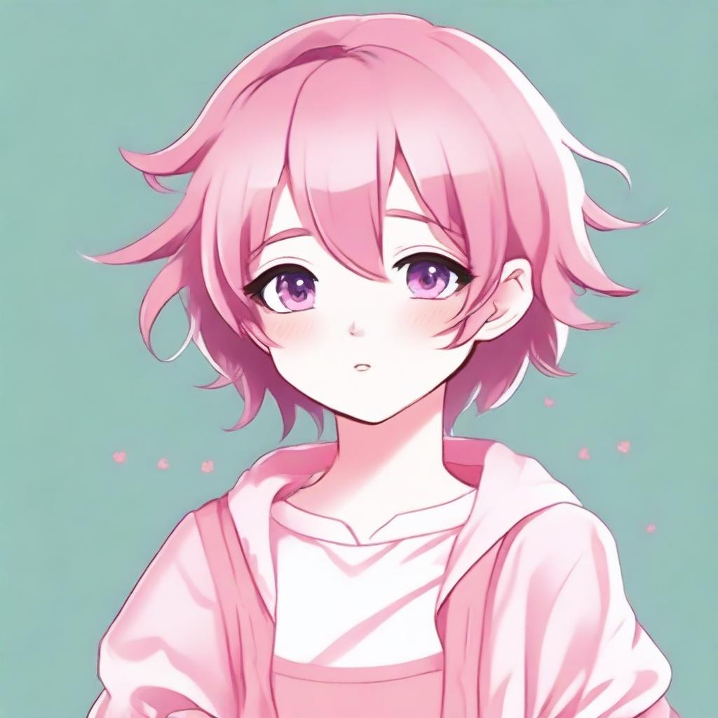 A shy and blushing femboy with pink hair, dressed in cute pink attire