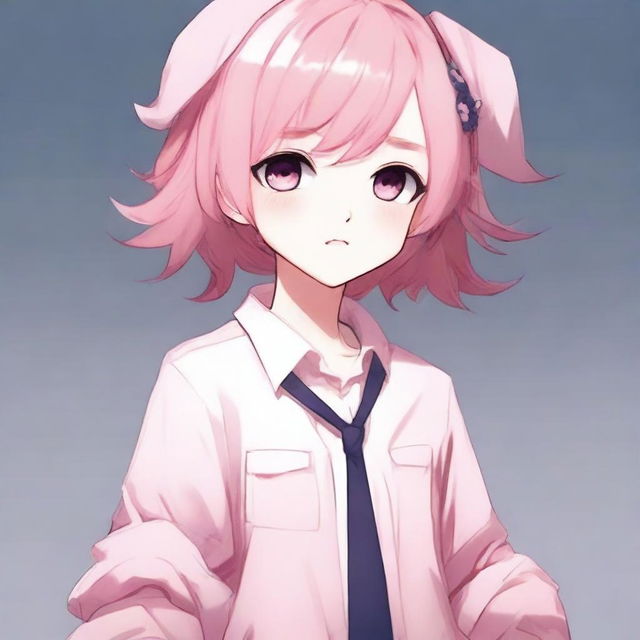 A shy and blushing femboy with pink hair, dressed in cute pink attire