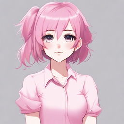 A shy and blushing femboy with pink hair, dressed in cute pink attire