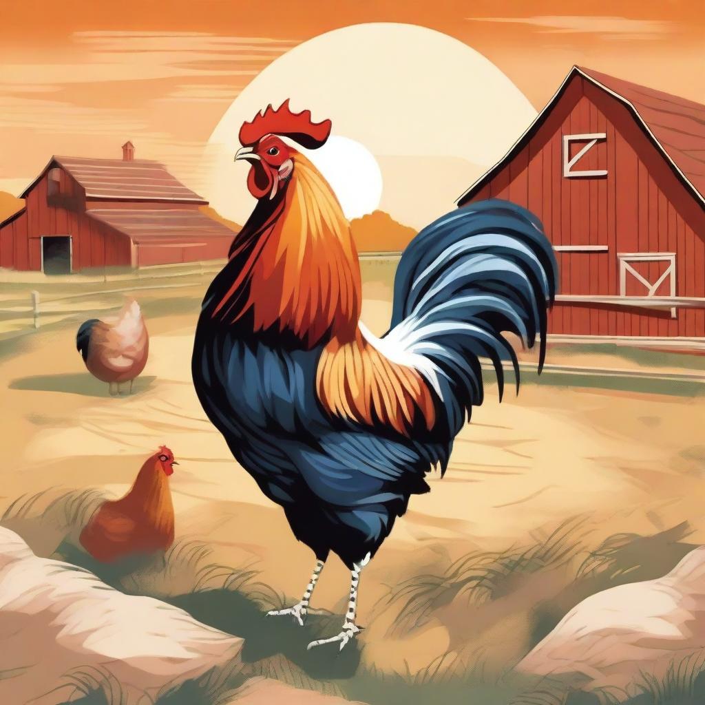 A detailed illustration of a rooster standing proudly in a farm setting with a barn and some chickens in the background