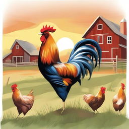 A detailed illustration of a rooster standing proudly in a farm setting with a barn and some chickens in the background