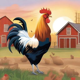 A detailed illustration of a rooster standing proudly in a farm setting with a barn and some chickens in the background