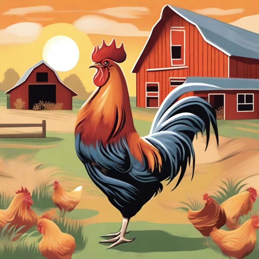 A detailed illustration of a rooster standing proudly in a farm setting with a barn and some chickens in the background