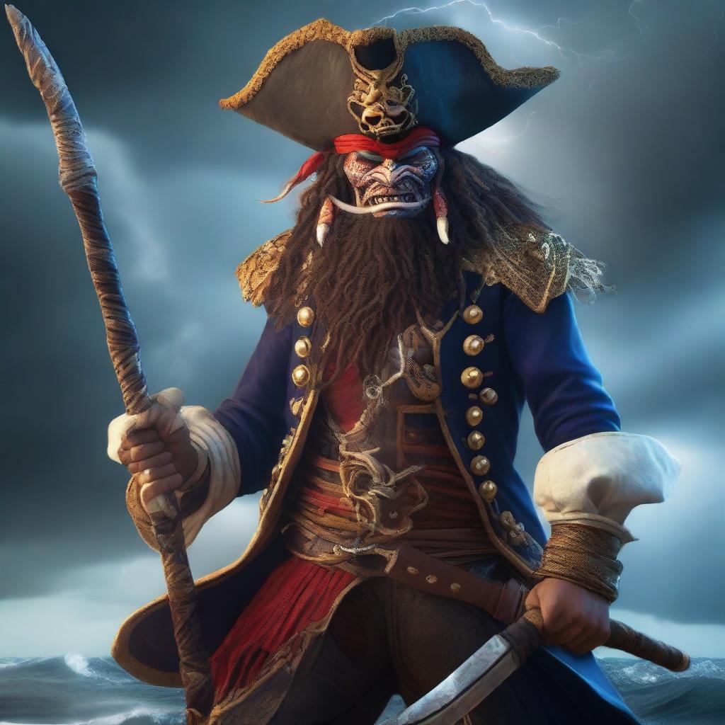 A fierce Rakshasa pirate standing on the deck of a ship, dressed in elaborate pirate attire with a tricorn hat, eye patch, and a cutlass in hand