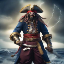 A fierce Rakshasa pirate standing on the deck of a ship, dressed in elaborate pirate attire with a tricorn hat, eye patch, and a cutlass in hand