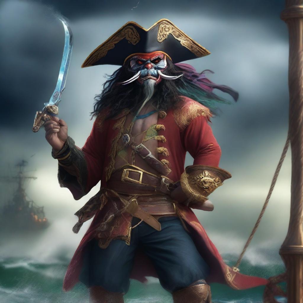 A fierce Rakshasa pirate standing on the deck of a ship, dressed in elaborate pirate attire with a tricorn hat, eye patch, and a cutlass in hand