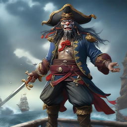 A fierce Rakshasa pirate standing on the deck of a ship, dressed in elaborate pirate attire with a tricorn hat, eye patch, and a cutlass in hand