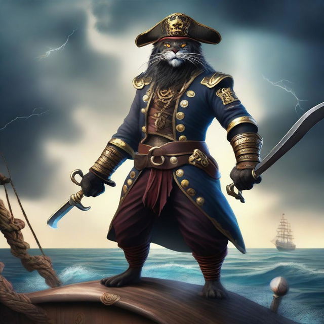 A fierce Rakshasa panther pirate standing on the deck of a pirate ship