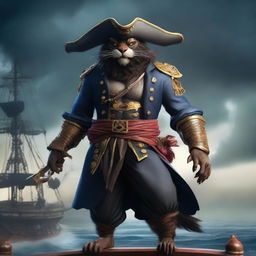 A fierce Rakshasa panther pirate standing on the deck of a pirate ship