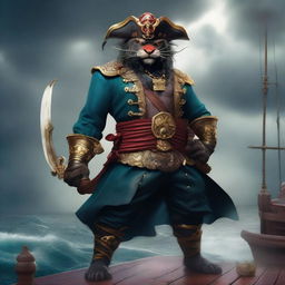 A fierce Rakshasa panther pirate standing on the deck of a pirate ship