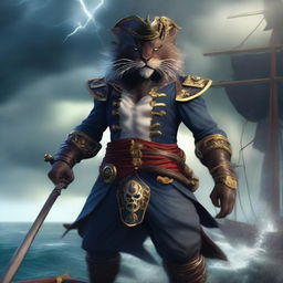 A fierce Rakshasa panther pirate standing on the deck of a pirate ship