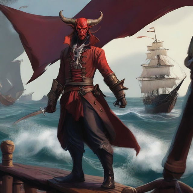 A striking Tiefling pirate standing confidently on the deck of a pirate ship