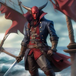 A striking Tiefling pirate standing confidently on the deck of a pirate ship