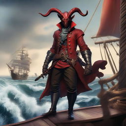 A striking Tiefling pirate standing confidently on the deck of a pirate ship