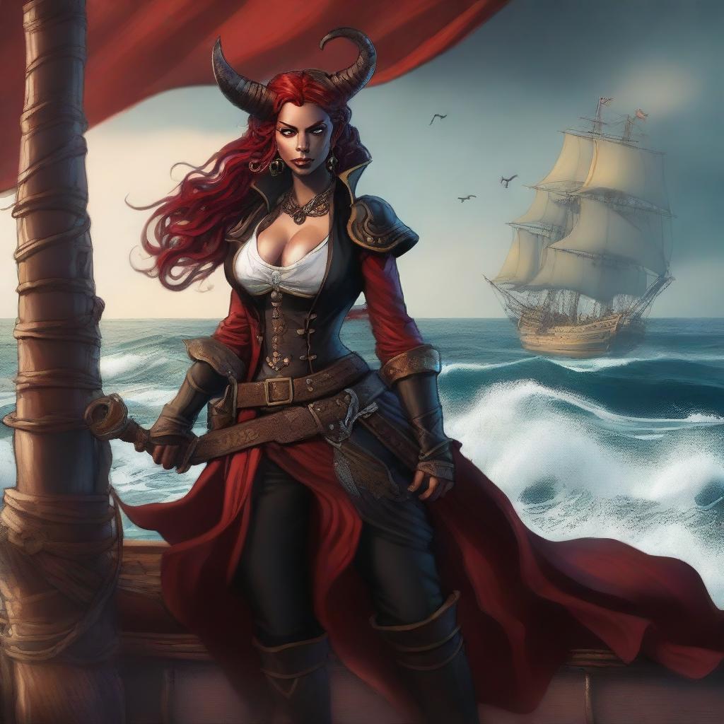 A striking female Tiefling pirate standing confidently on the deck of a pirate ship