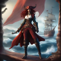 A striking female Tiefling pirate standing confidently on the deck of a pirate ship