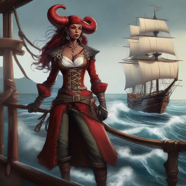 A striking female Tiefling pirate standing confidently on the deck of a pirate ship