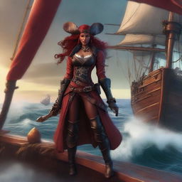 A striking female Tiefling pirate standing confidently on the deck of a pirate ship