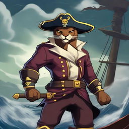 A fierce Puma pirate Rakshasa standing on the deck of a pirate ship