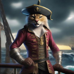 A fierce Puma pirate Rakshasa standing on the deck of a pirate ship