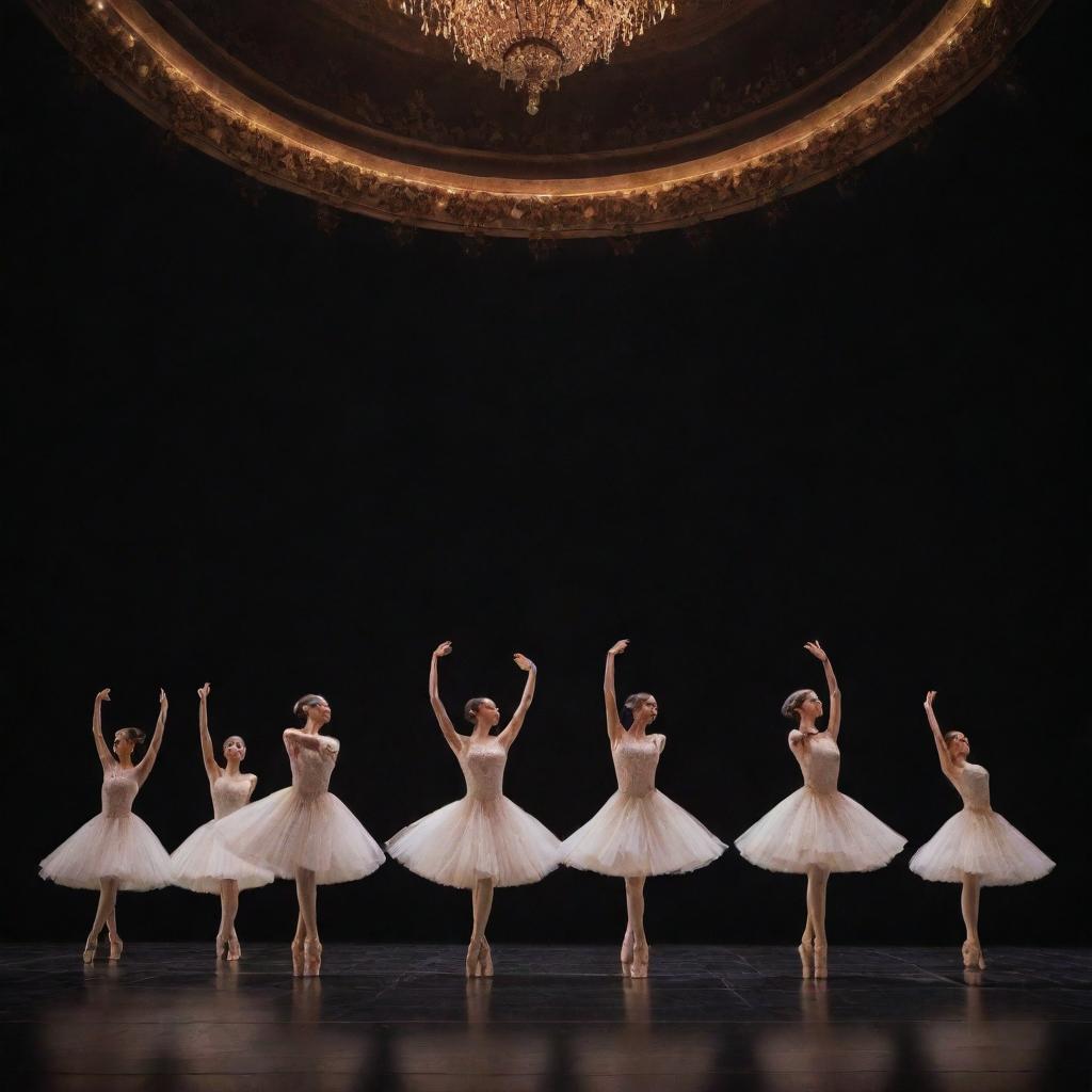 A mesmerizing dance performance featuring five dancers in sync, illuminating a grand theatre stage with their elegant movements