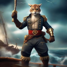 A fierce Puma pirate Rakshasa standing on the deck of a pirate ship