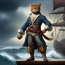 A fierce Puma pirate Rakshasa standing on the deck of a pirate ship