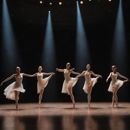 A mesmerizing dance performance featuring five dancers in sync, illuminating a grand theatre stage with their elegant movements