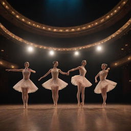 A mesmerizing dance performance featuring five dancers in sync, illuminating a grand theatre stage with their elegant movements