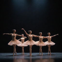 A mesmerizing dance performance featuring five dancers in sync, illuminating a grand theatre stage with their elegant movements