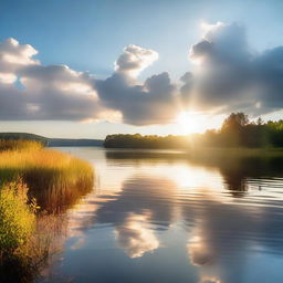 A serene and peaceful scene with a heart-shaped cloud in the sky, gentle rays of sunlight breaking through, and a calm, reflective lake below