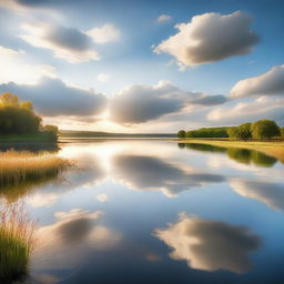 A serene and peaceful scene with a heart-shaped cloud in the sky, gentle rays of sunlight breaking through, and a calm, reflective lake below