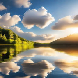 A serene and peaceful scene with a heart-shaped cloud in the sky, gentle rays of sunlight breaking through, and a calm, reflective lake below