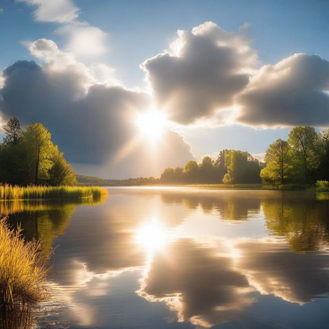 A serene and peaceful scene with a heart-shaped cloud in the sky, gentle rays of sunlight breaking through, and a calm, reflective lake below