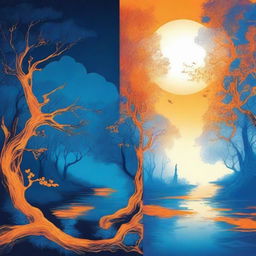 Design a novel cover titled 'Fantasy Night' primarily featuring orange and blue