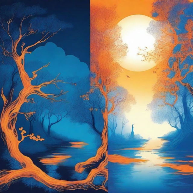 Design a novel cover titled 'Fantasy Night' primarily featuring orange and blue