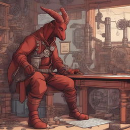 A detailed illustration of a tiefling engineer working on a complex machine