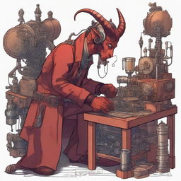 A detailed illustration of a tiefling engineer working on a complex machine