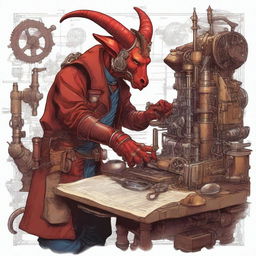 A detailed illustration of a tiefling engineer working on a complex machine