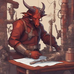 A detailed illustration of a tiefling engineer working on a complex machine