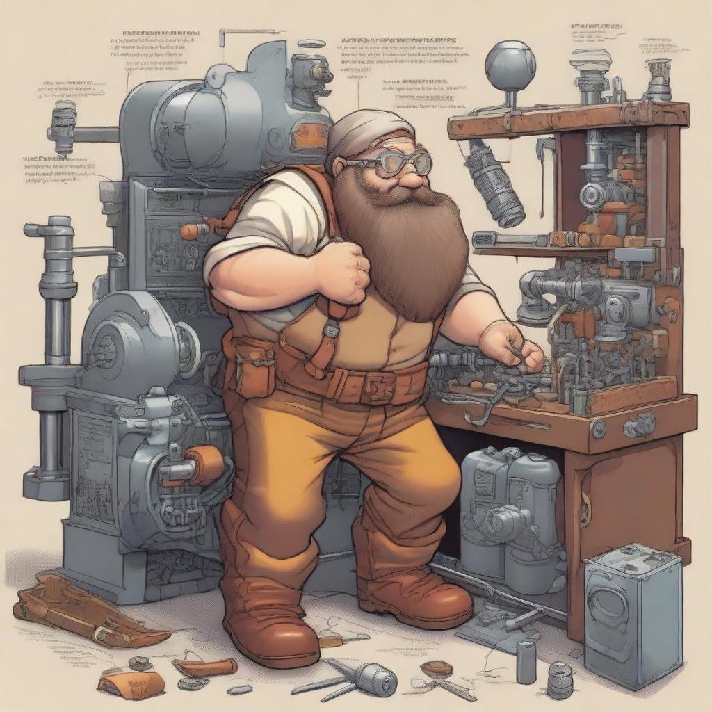 A detailed illustration of a dwarf engineer working on a complex machine