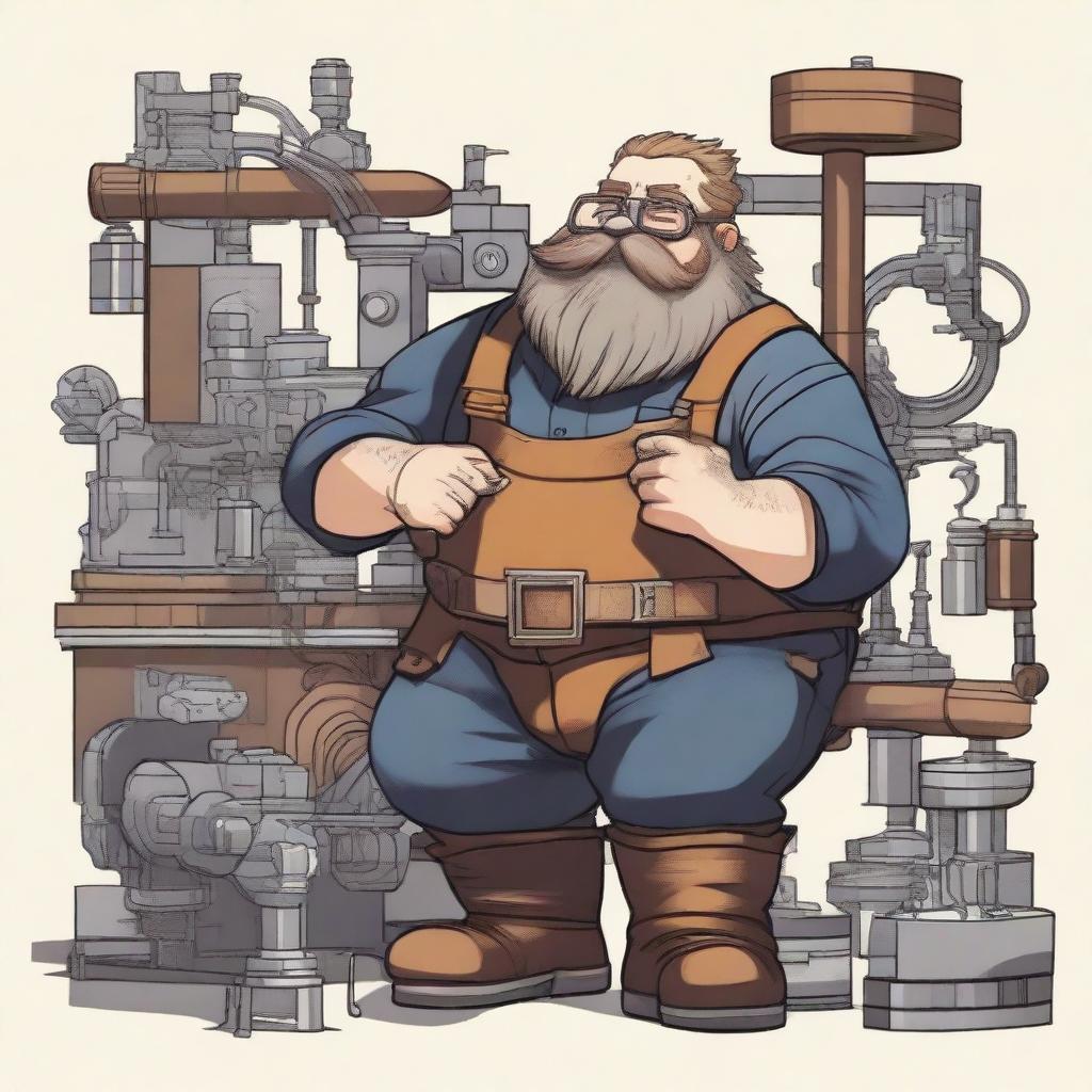 A detailed illustration of a dwarf engineer working on a complex machine