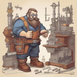 A detailed illustration of a dwarf engineer working on a complex machine