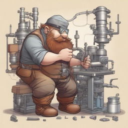 A detailed illustration of a dwarf engineer working on a complex machine