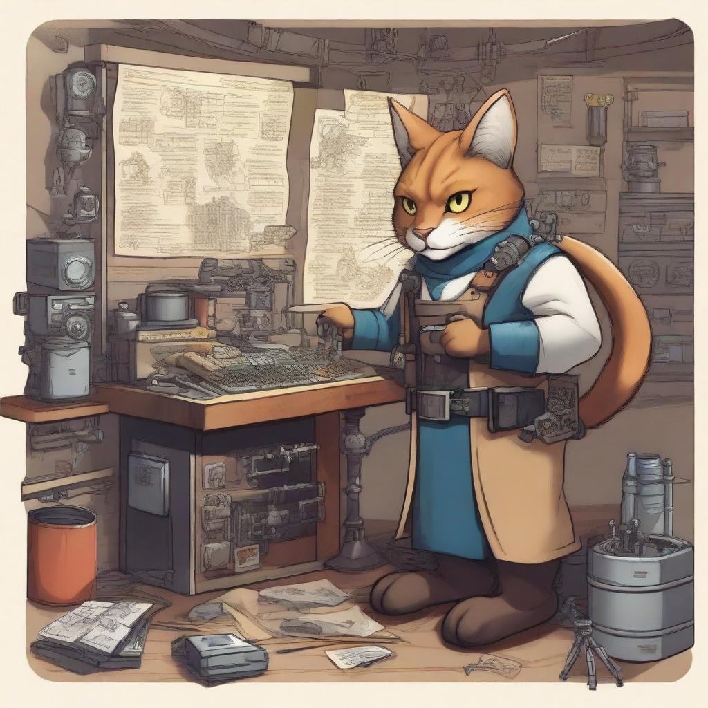 A detailed illustration of a Tabaxi engineer working on a complex machine