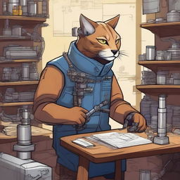 A detailed illustration of a Tabaxi engineer working on a complex machine