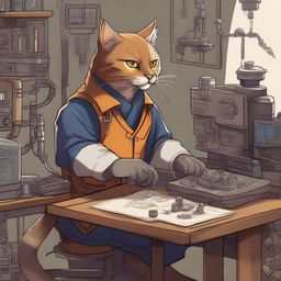 A detailed illustration of a Tabaxi engineer working on a complex machine