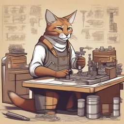 A detailed illustration of a Tabaxi engineer working on a complex machine